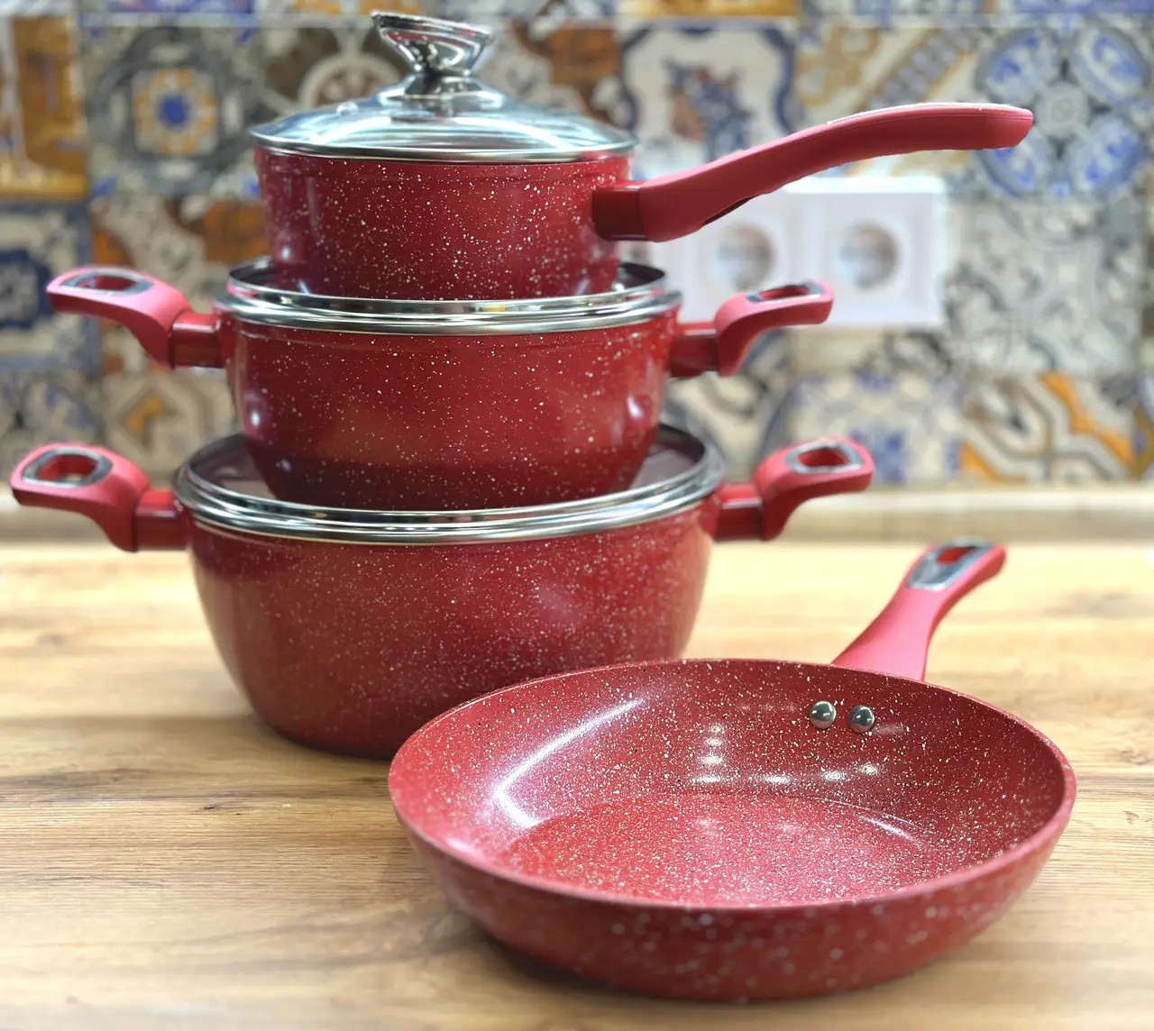 Набір каструль із гранітним покриттям Higher kitchen НК-314 Червоний, фото 1