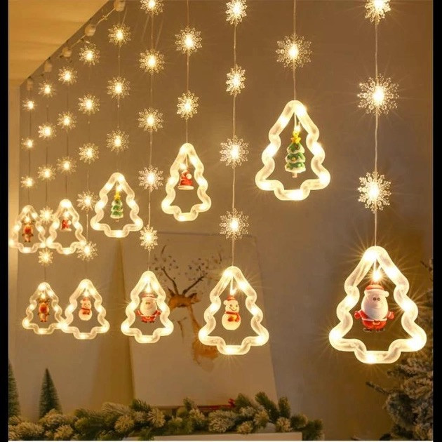 Гірлянда штора "Фігурки в ялинці" 3 метри (ялинка, сніговик, дід мороз, олень, шапка) Теплий, фото 1