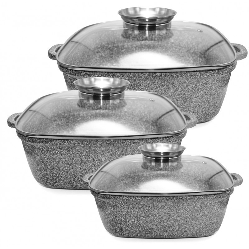 Набір казанів квадратних UNIQUE UN-5501 (6 предметів) з мармуровим покриттям (20см/24см/28см), фото 1