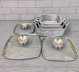 Набір казанів квадратних UNIQUE UN-5501 (6 предметів) з мармуровим покриттям (20см/24см/28см), фото 2