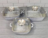 Набір казанів квадратних UNIQUE UN-5501 (6 предметів) з мармуровим покриттям (20см/24см/28см), фото 3