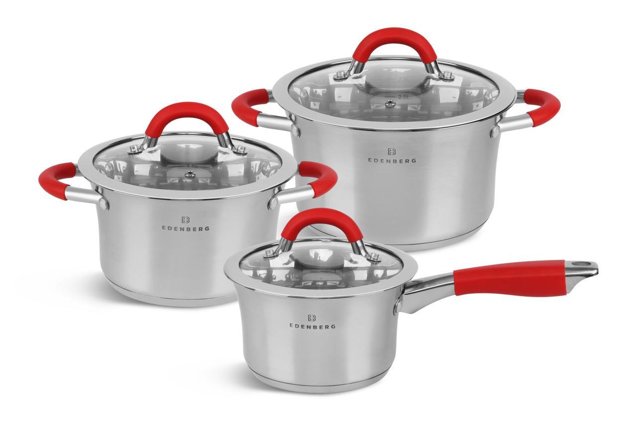 Набір каструль із 6 предметів Edenberg EB-2404 з прогумованими ручками 1.9/2.7/3.6л, фото 1