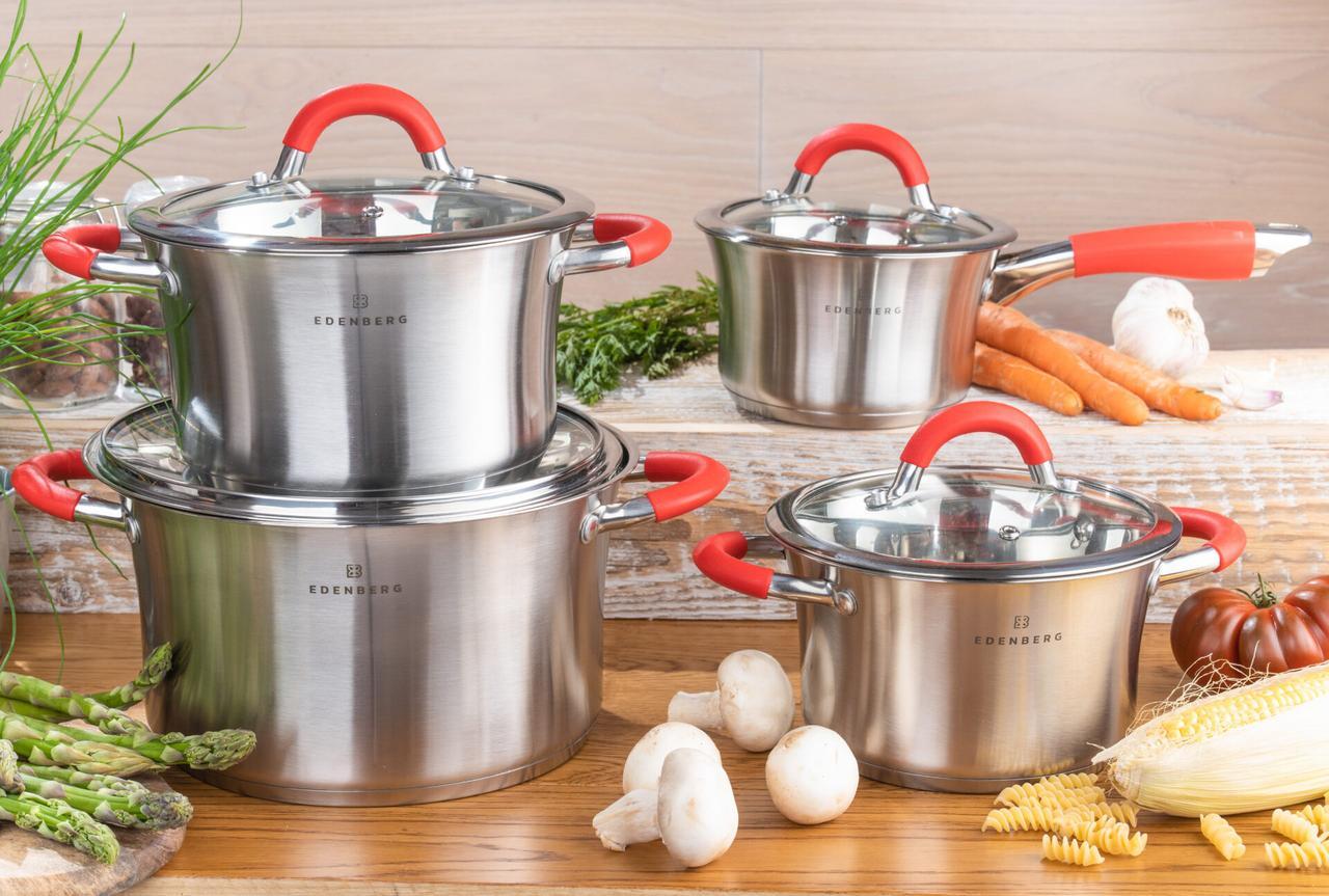 Набір каструль із 8 предметів Edenberg EB-2406 з прогумованими ручками 1.9/ 2.7/ 3.6/ 6,1 л, фото 1