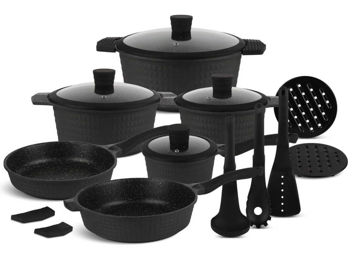 Набір посуду з тришаровим мармуровим покриттям Edenberg EB-5645 + кухонне приладдя + прихватки, фото 1