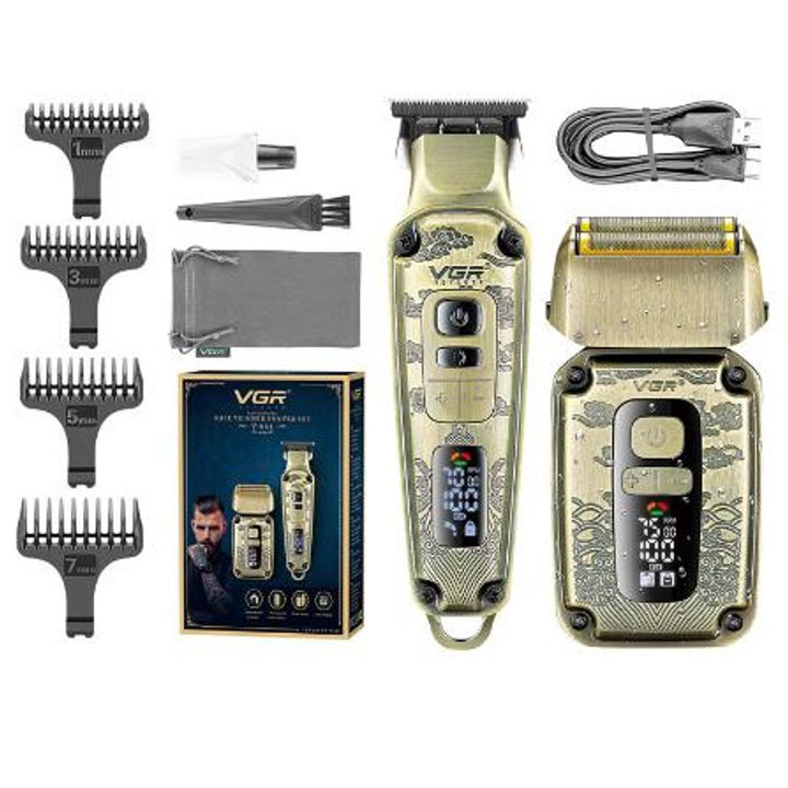Чоловічий набір машинка для стрижки + бритва шейвер, 4 насадки, VGR V-641, фото 1