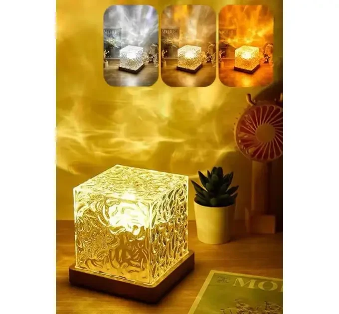 Кришталевий нічник Куб із 3 змінними кольорами та ефектом водяної хвилі, фото 1
