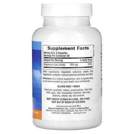 Цитрат магнію, Magnesium, Nature's Plus, Kalmassure, 420 мг, 120 веганських капсул (105 мг на капсулу), фото 3