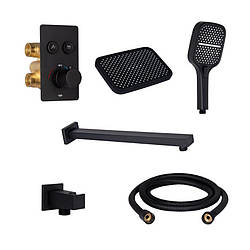 Комплект для душа Qtap Votice SD00053811: чорний змішувач, лійка, шланг і тримач з матовим покриттям.