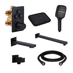 Комплект Qtap SD00053814: душовий набір з чорним змішувачем, лійкою, шлангом і тримачем, матове оздоблення.