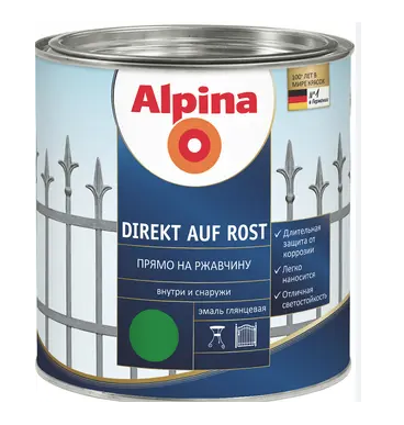 Емаль універсальна алкідна глянцева Alpina "Direkt auf Rost" RAL6005 Зелена 2.5 л., фото 1