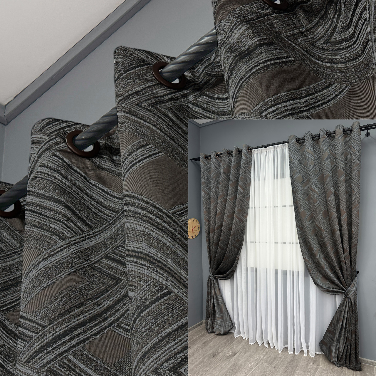 Комплект (2шт. 1,5х2,8м.) штор на люверсах, жаккард «Mystery». Колір сірий з коричневим. Код 1621ш 37-0202, фото 1