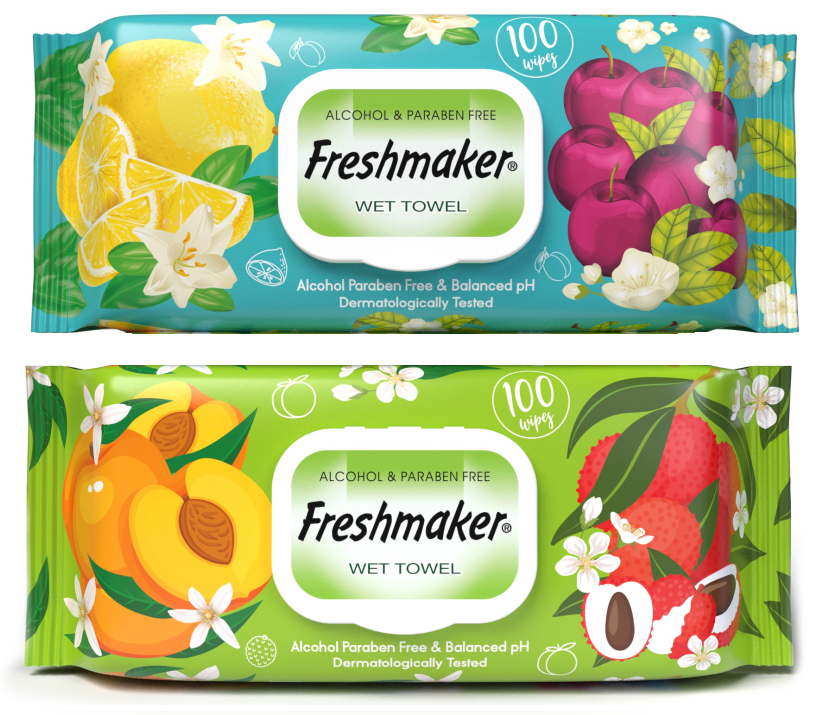 Вологі рушники універсальні Freshmaker Fruits з клапаном 100 штук