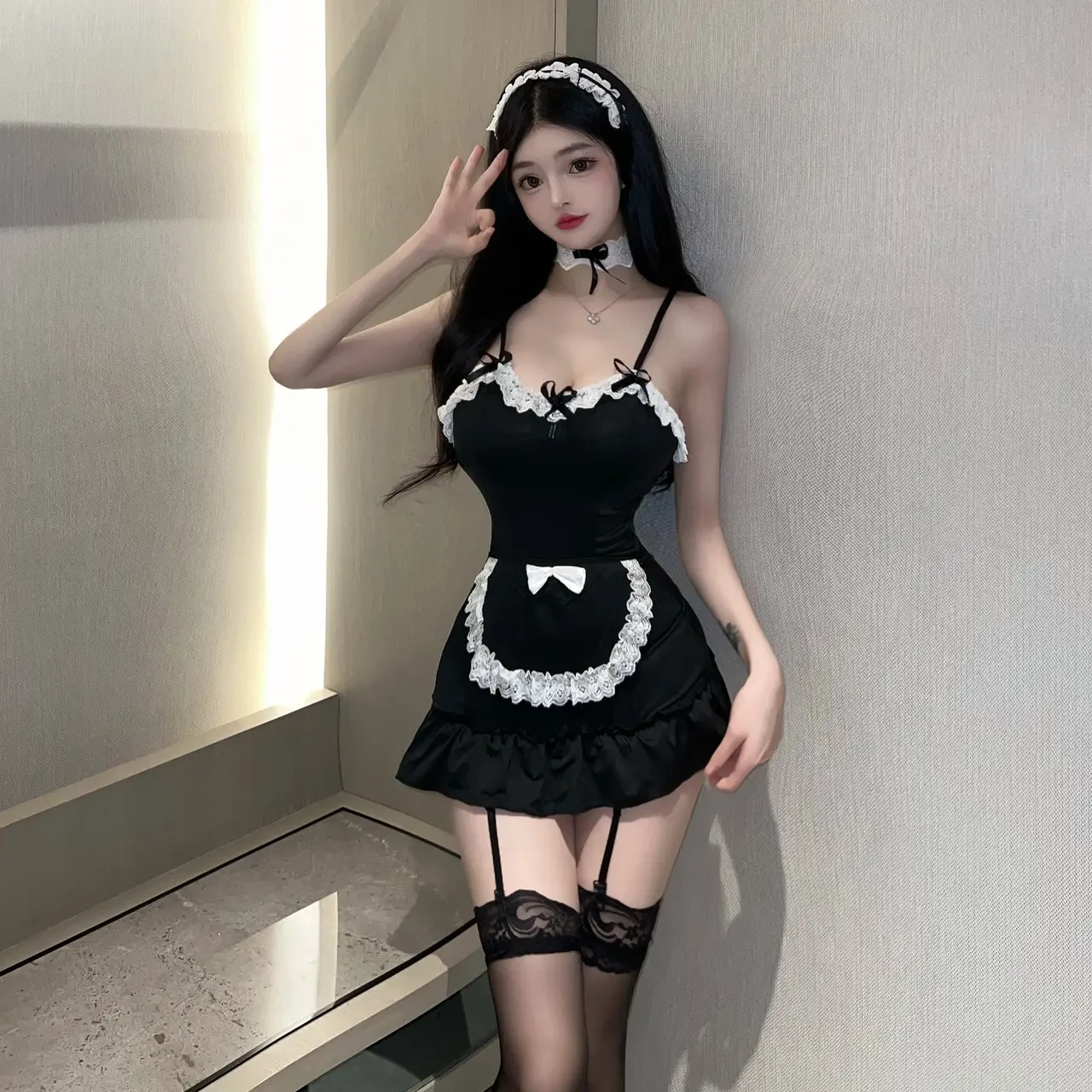 Жіночий універсальний костюм покоївки з підтяжками, пов'язка на голову, чоппер, фото 1