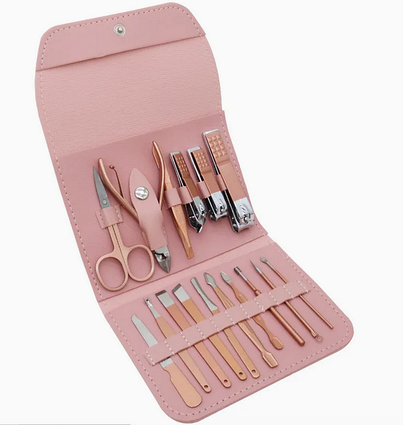 Манікюрний та педикюрний набір 16 в 1, рожевий, у стильному футлярі