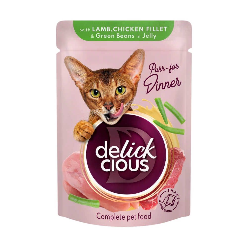 Вологий корм для дорослих котів Делікшес Delickcious шматочки з ягнятиною, курячим філе і спаржею в желе, 85 г
