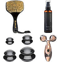 Комплект Щітка для сухого масажу + Вакуумні банки (4 шт) + Роликовий масажер + Антицелюлітна олія