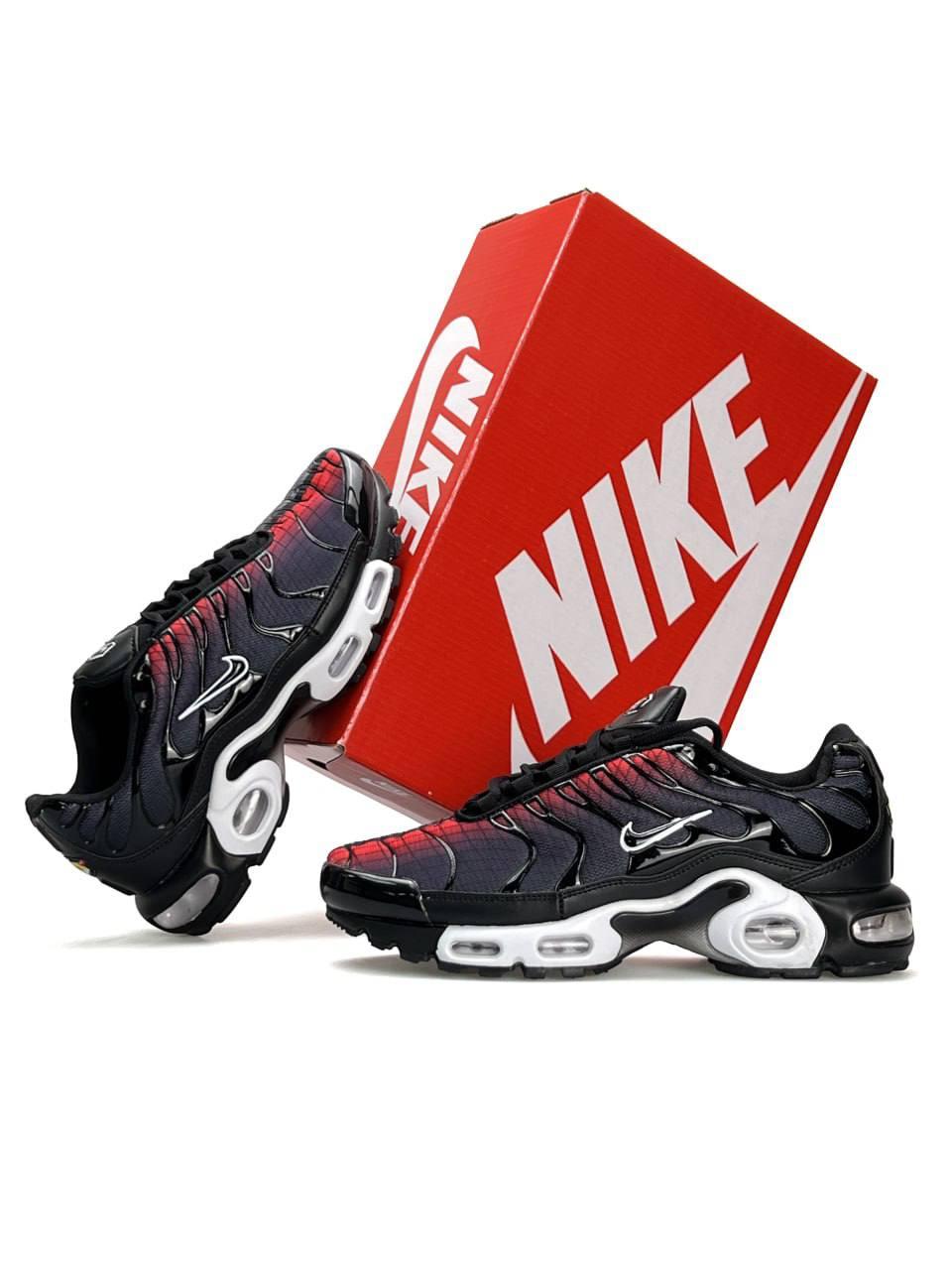 Чоловічі шкіряні текстиль кросівки Nike Air Max Plus Black Grey Red, кеди Найк шкіра текстиль. Чоловіче взуття
