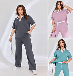 Жіночий літній костюм із широкими штанами стильна легка бавовна, великих розмірів 48/50, 52/54, 56/60