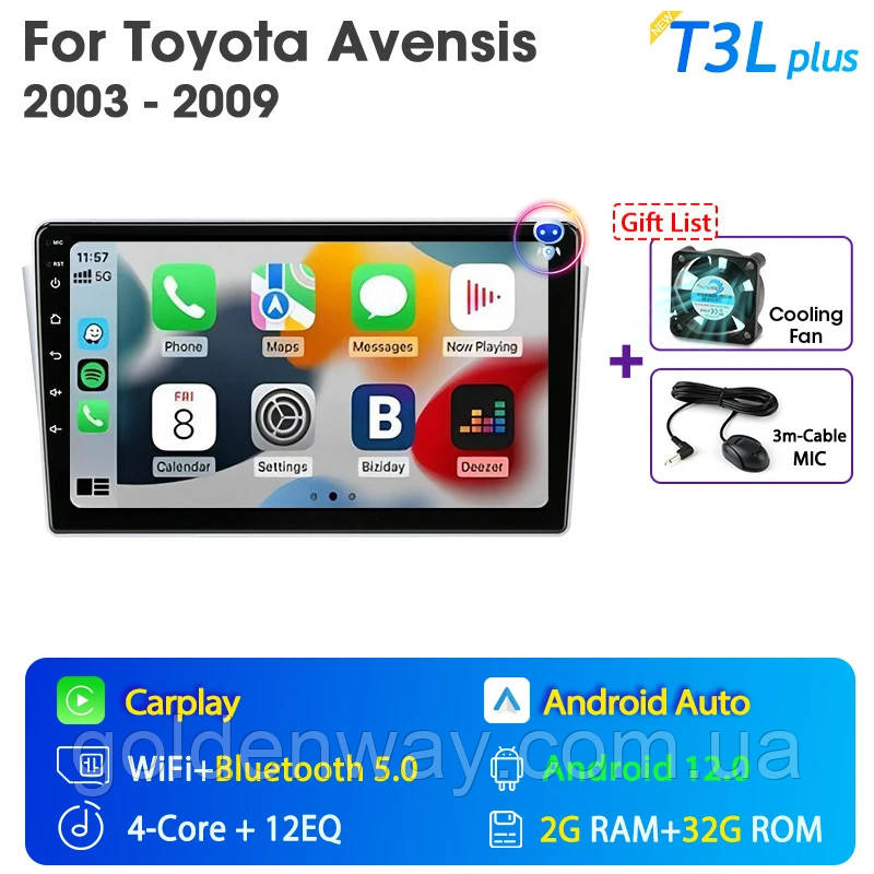 Штатна автомагнітола Android для Toyota Avensis 2002-2008 T3L plus DSP 2/32 Гб WiFi Carplay AndroidAuto