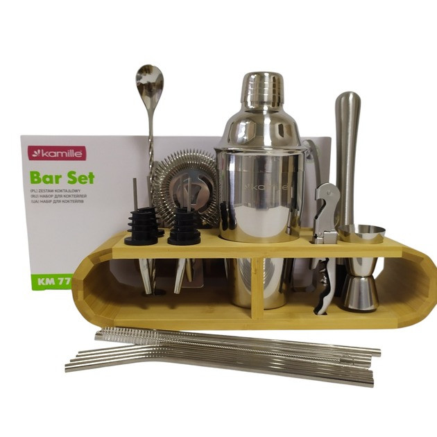 Набір для бару та коктейлів Kamille KM-7766 з нержавіючої сталі на дерев'яній підставці 11 предметів, фото 1