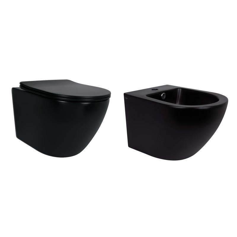 Комплект Qtap Robin Matt Black 2 в 1: унітаз підвісний Ultra Quiet QT13332381АSMB + біде підвісне