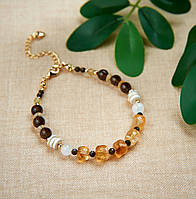 Браслет натуральний Цитрин, Адуляр, Раухтопаз, Обсидіан, фур-ра гіп-ний сплав колір золото d-7-3мм+- L-18-23см
