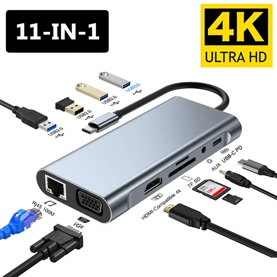 Док-станція 11 в 1 Type-C хаб (USB 3.0, AUX, Card Reader, HDMI. VGA, PD, RJ45)