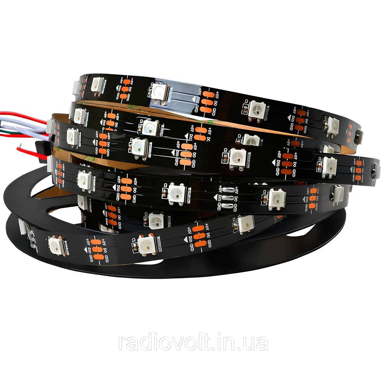 Світлодіодна стрічка WS2812B, RGB, IP30, 30 Світлодіодів/м, 5В, 1м, Чорна підкладка