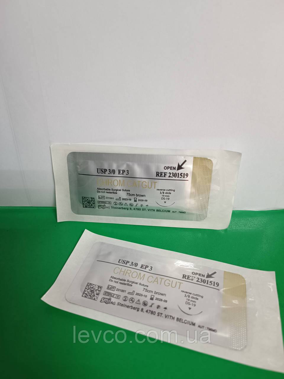 Шовний матеріал кетгут хромований N 4 з голкою 19 мм,Китай Catgut chrom 75 cм brown Шовный материал кетгут, фото 1