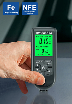 Товщиномір HW300PRO  портативний цифровий вимірювач товщини покриття фарби від 0 мкм до 2.0 мм Fe і Nfe Чорний