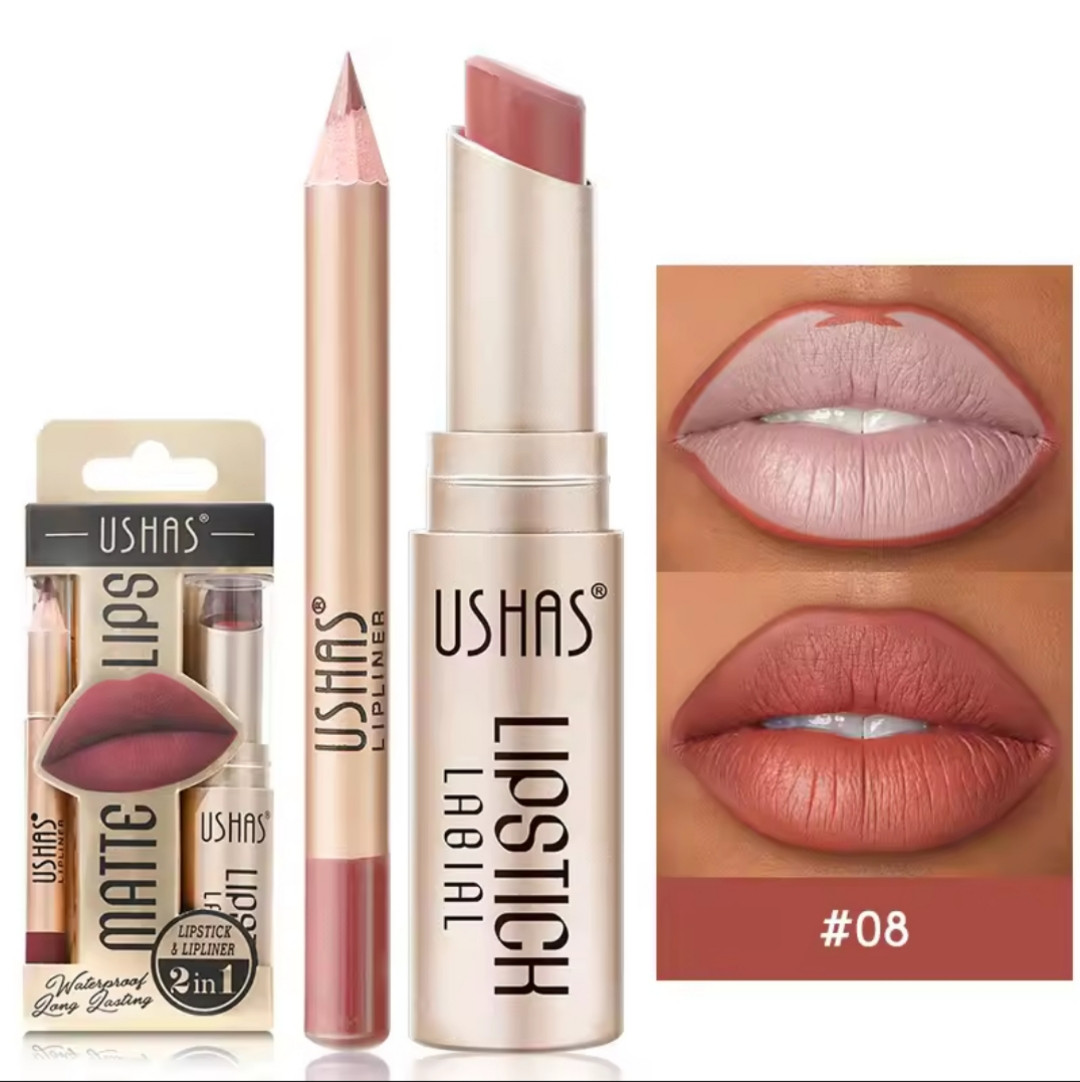 Матова помада для губ і контурний олівець / Набір 2 в 1 Ushas Matte Lipstick, відтінок 08