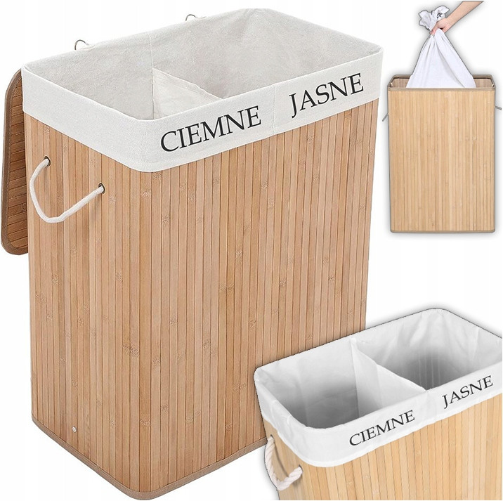 Вільностоячий кошик для билизни Mensen 100л відтінки коричневого бежевого бамбуковий двокамерний для білизни та іграшок міцний, фото 1