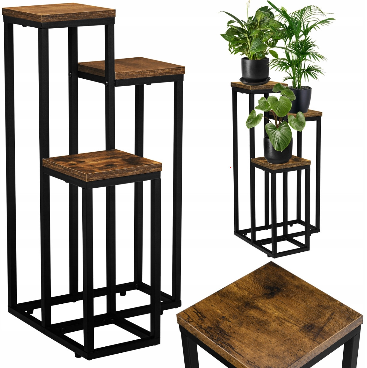 Стійка-квітник для рослин квітів та кашпо металева полиця з дерев'яними полицями оброблена стареним дубом, фото 1