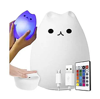 Світлодіодний світильник нічник Izoxis 15142 — кошеня білого кольору + пульт — 9 режимів яскравості — 16 кольорів підсвічування