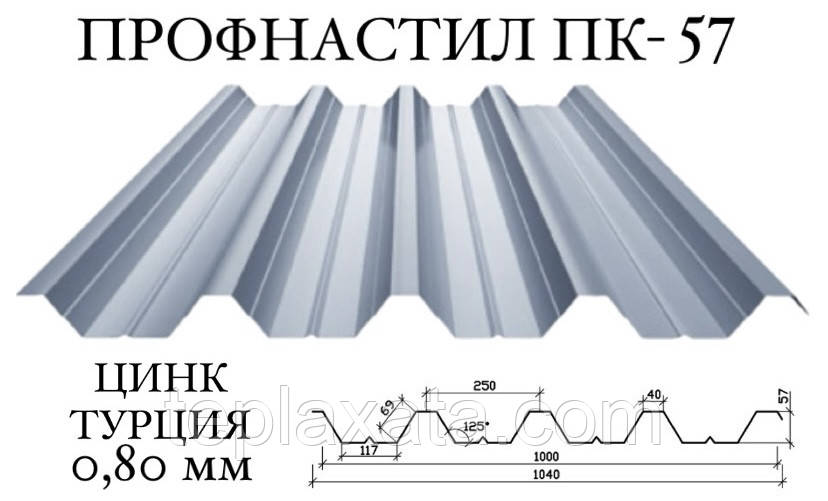 Профнастил ПК-57 цинк 0,80 мм (Туреччина) ПН-57
