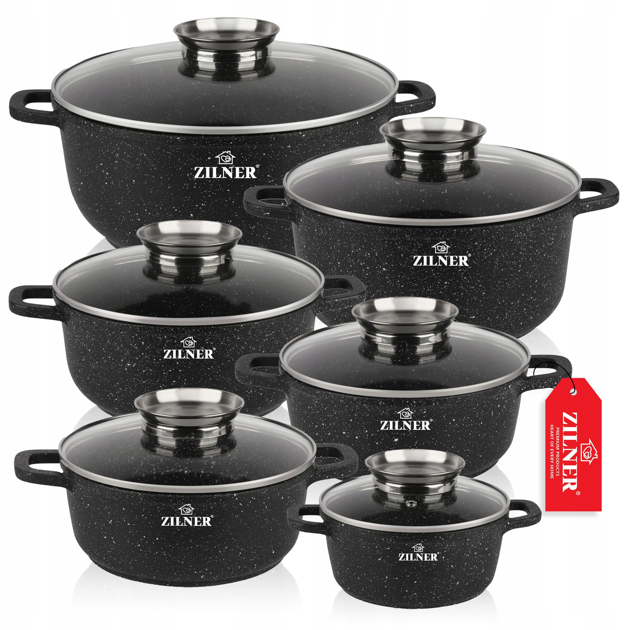 Комплект чорних керамічно-мармурових кастрюль Zilner для індукційної плити та ґазу набір 12 шт. діаметром 16/20/20/22/24/28 см, фото 1