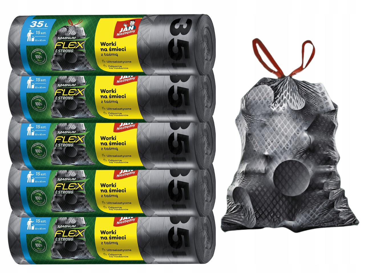 Jan Niezbędny пакети Ld Magnum Flex 35л 15 шт для сміття & Strong з лентою 75 шт міцні