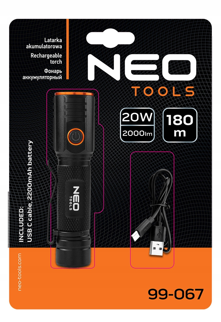 Класичний ліхтарик Neo Tools 2000 Lm Led з акумулятором Usb Chn