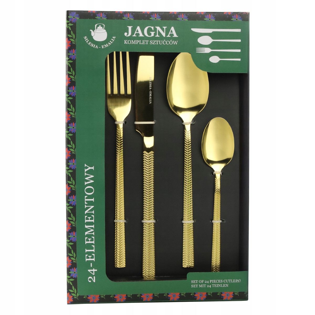 Комплект столових приборів Silesia емалія Jagna 24 елементи золотистий блиск 24 елементи для 6 осіб, фото 1