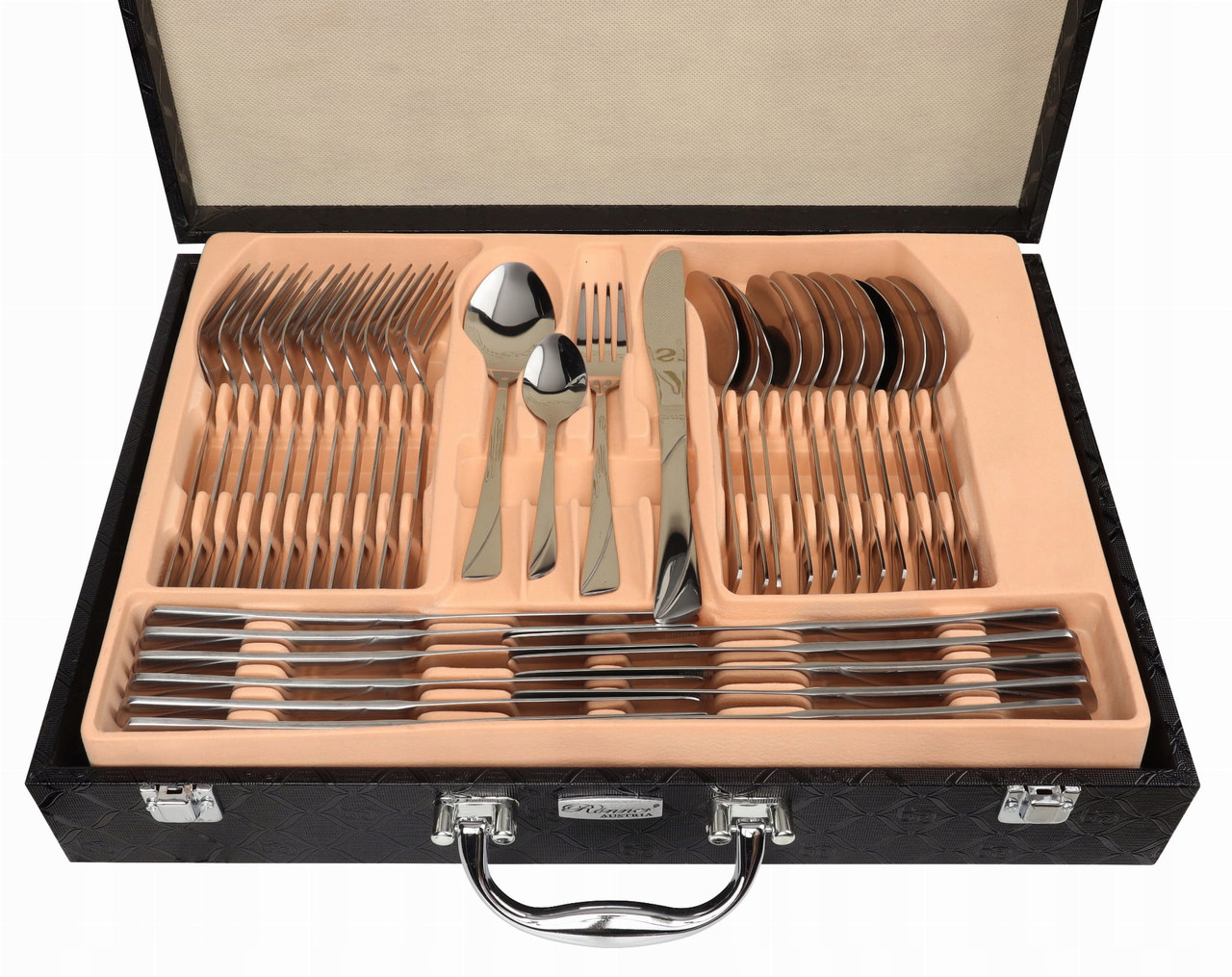 Набір столових приборів Rossner з нержавіючої сталі 72 штуки обідній сервіз на 12 осіб комплект в шкіряному кейсі, фото 1