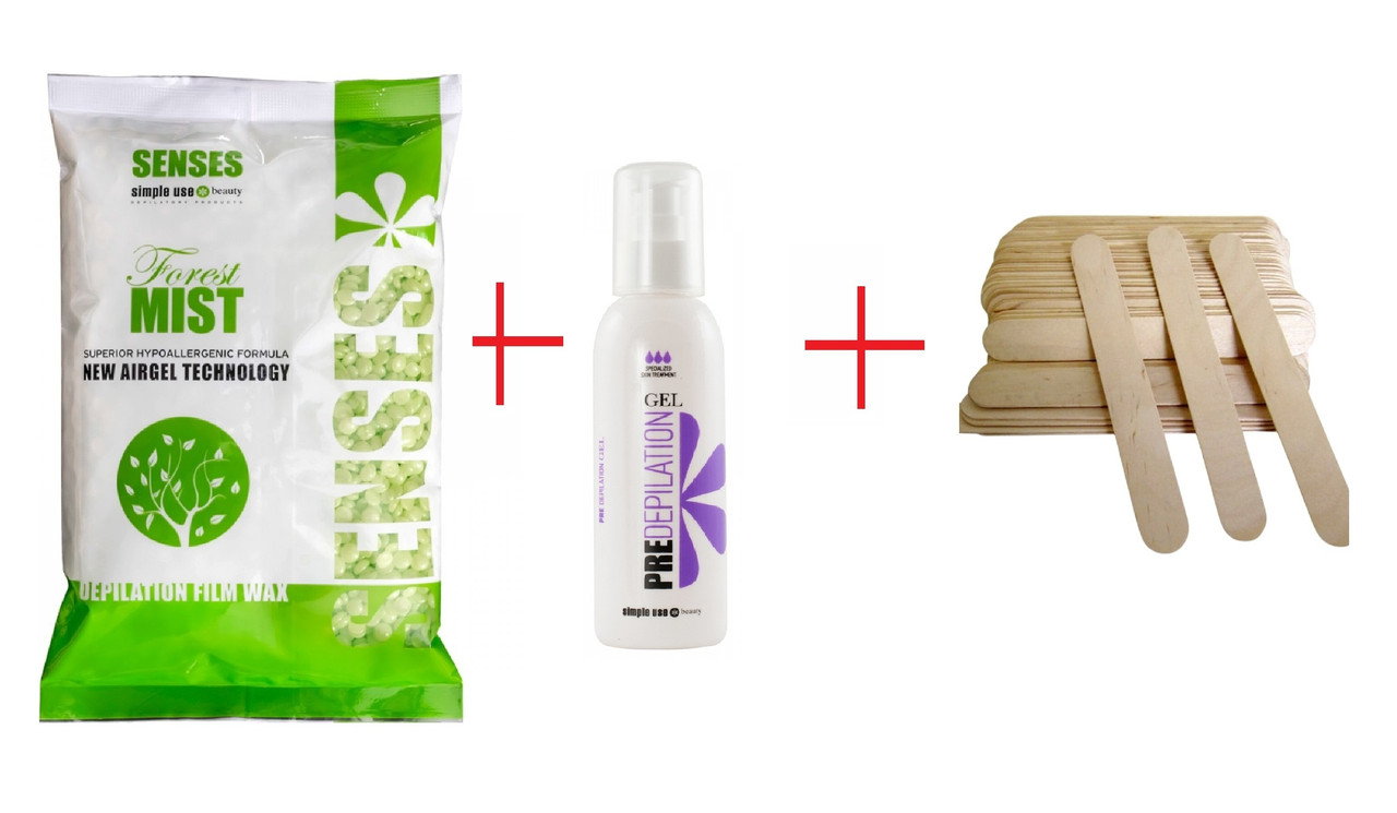 Преміум набір для депіляції SENSES: гіпоалергенний віск 750 гр, гель перед депіляцією 150мл, шпателі 100шт.