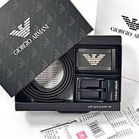 Мужской ремень из натуральной кожи брендовый Armani кожаный пояс на подарок мужчине подарочный набор Армани