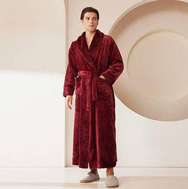 Зручний чоловічий довгий теплий для дому сауни лазні махровий халат колір червоний розмір M