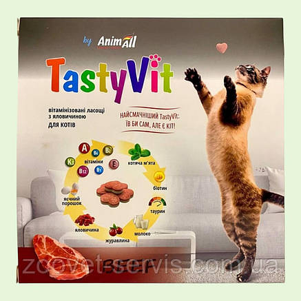 Вітамінізовані ласощі AnimAll TastyVit для котів, кошенят, вагітних і годуючих кішок з яловичиною, 600 штук (50 пакетів по 12 шт), фото 1