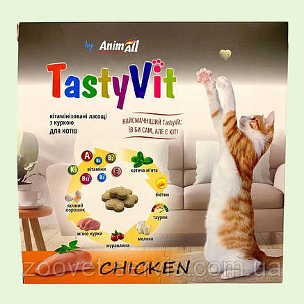 Вітамінізовані ласощі AnimAll TastyVit для котів, кошенят з куркою, 600 штук (50 пакетів по 12 штук), фото 1