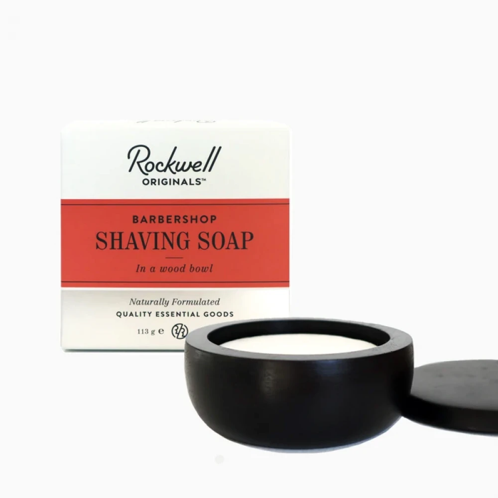 Мило для гоління Rockwell Shave Soap Barbershop Scent в чаші з дерева.
