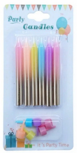 Свічки для торта "Кольоровий мiкс золото" Розмір: 8 см, упак: 6шт.