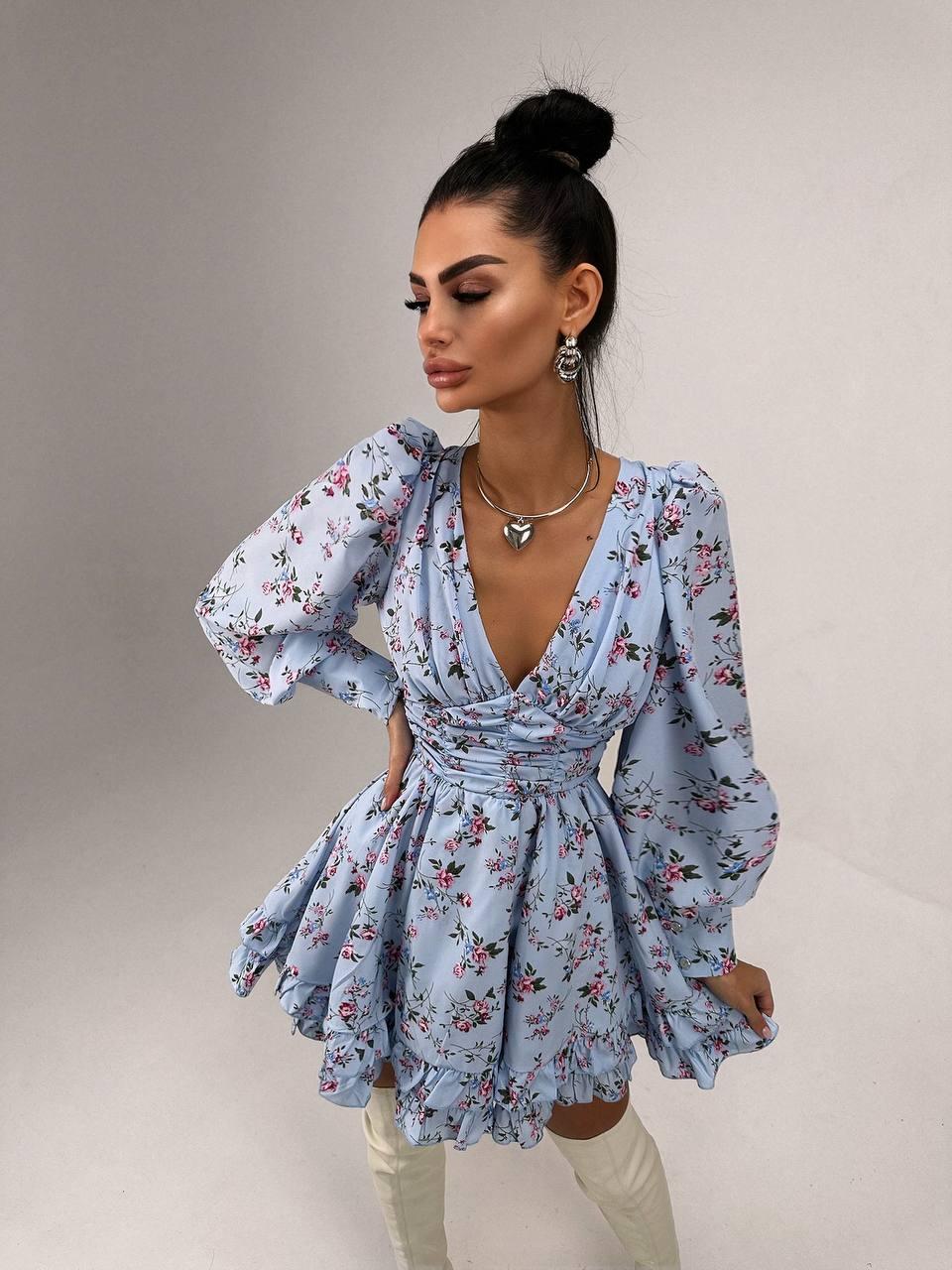 Красива жіноча квіткова міні сукня з драпіруванням на талії та пишною спідницею Smb9298