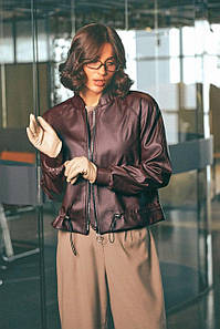 Бомбер жіночий якість преміум модна куртка коротка демісезон еко-шкіра на блискавку колір бургунді