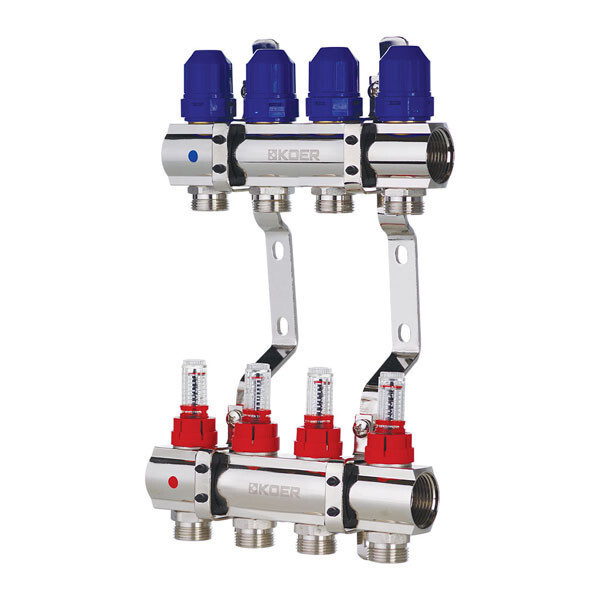 Колектор гребінка для теплої підлоги витратомірами 4 контури KOER KR.1110-02 1"x4 WAYS KR2641, фото 1